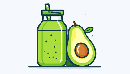 Fototapeta premium Refreshing avocado smoothie in a glass bottle with a straw and a sliced avocado beside it
