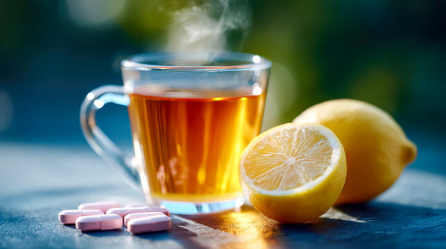 Hot lemon tea with capsules on a dark table, concept of cold treatment and immunity support