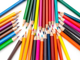 Fototapeta premium Vibrant colored pencils arranged artistically on a white background, art, vibrant