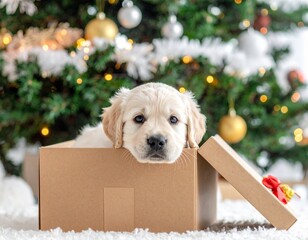 golden retriever puppy in christmas tree