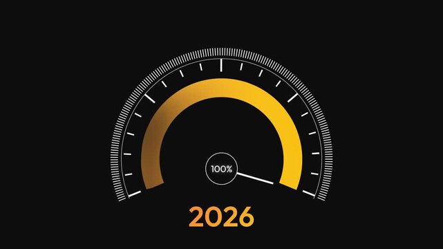 2026 New year maximum plan 4k animation with speedometer on the black isolated backdrop