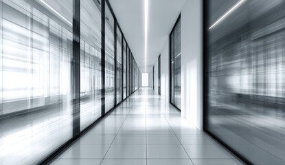 Bright modern office corridor with glass walls and reflective floor.