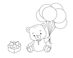 Cute teddy bear with balloons and gift box, hand drawn childish line illustration isolated on white background for coloring book for children