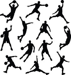 Obraz premium Set of Basketball Players in Dynamic Action Silhouettes, Vector Graphics Depicting Dunking, Shooting, and Dribbling for Sports Banners and Advertisements
