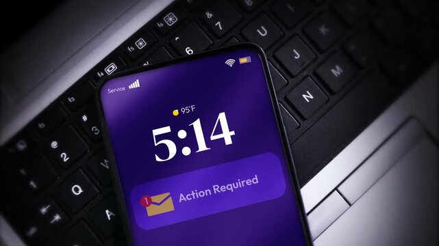 Action required notification showing on the smartphone screen close up 4k footage with laptop in the backdrop.