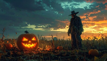 Halloween Scarecrow in a Field at Sunset