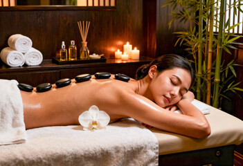 Beautiful young woman relaxing during a professional hot stone massage at a luxury oriental spa, featuring black basalt stones on her back, burning candles, orchid flowers, and bamboo decor