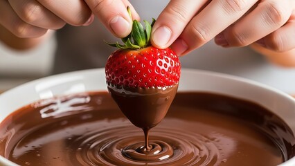 Close up of hands dipping a fresh ripe strawberry into a bowl of smooth melted dark chocolate sauce