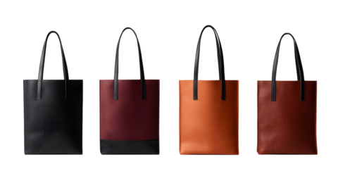 Collection of leather tote bags isolated on white background
