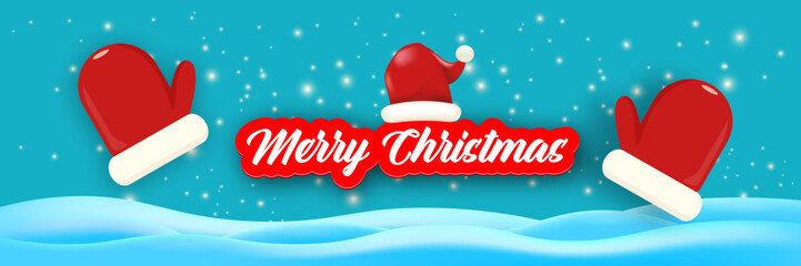 Merry Christmas horizontal banner and flyer vector design with cute kids warm red mittens on snowy hills landscape background and greeting text. Vector merry Christmas cartoon banner with gloves