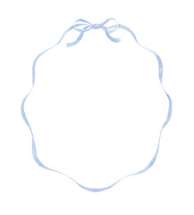 Watercolour hand drawn blue frame with coquette bow, hand drawn ribbon. Decor for design baby shower, birthday