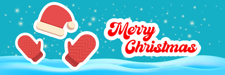 Merry Christmas horizontal banner and flyer vector design with cute kids warm red mittens on snowy hills landscape background and greeting text. Vector merry Christmas cartoon banner with gloves
