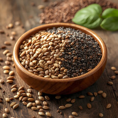 Fototapeta premium A wooden bowl filled with light brown seeds and black seeds on a rustic surface