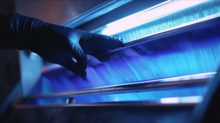 Closeup medium shot focusing on UV light drying process demonstrating sustainable and ecofriendly methods.