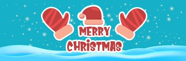 Merry Christmas horizontal banner and flyer vector design with cute kids warm red mittens on snowy hills landscape background and greeting text. Vector merry Christmas cartoon banner with gloves