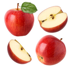  Red apple with leaves (Gala Apple), half and slice isolated, transparent PNG, PNG format
