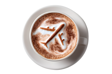 Airplane latte art in coffee cup isolated on white background