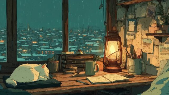 Cozy lofi anime room with a sleeping cat by a rainy window overlooking a snowy city. Symbolizes calm, focus, and nostalgia. Ideal for study music streams and relaxing backgrounds.