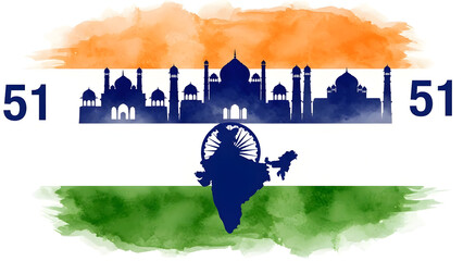 Indian flag watercolor splash with silhouette of famous monuments and country map celebrating 51 years