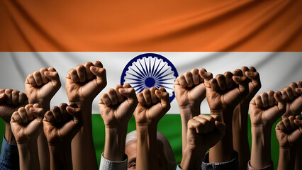Diverse hands rise in solidarity against a vibrant national flag symbolizing unity and strength