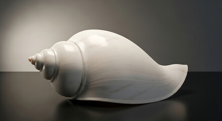 A single white conch shell rests on a dark surface
