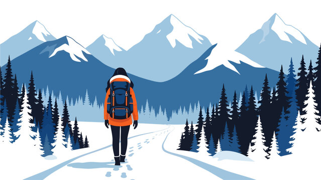 Clad in a vibrant orange jacket, a solitary backpacker treks along a snowy path winding through dark pine forests toward majestic, snow-capped mountains