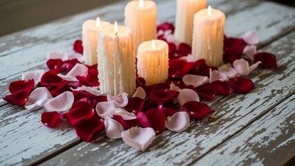 Romantic setting with burning white pillar candles surrounded by red and pink rose petals on a rustic wooden table