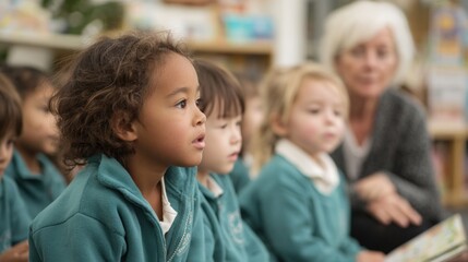 Obraz premium Group of children sitting in a classroom, attentively listening to a teacher who is standing in front of them.