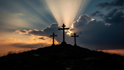 Silhouetted crosses at sunset
