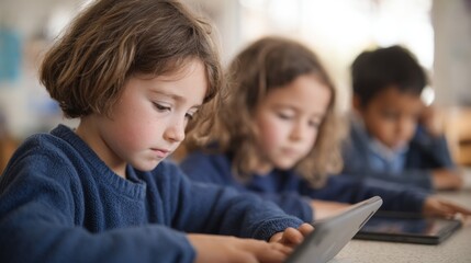 Fototapeta premium Three young children, two girls and a boy, sitting at a table in a classroom. they are all wearing blue sweaters and are focused on the tablet in front of them.