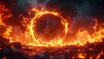 地上から立ち上る炎のポータル・火の円形ゲート背景