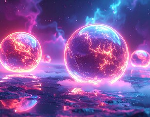 Illuminated orbs floating above a hazy, surreal landscape with glowing clouds