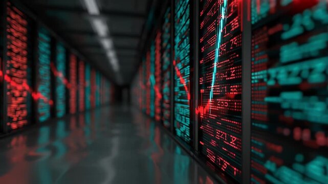 Abstract view of a modern data center with rows of server racks illuminated by red and cyan lights showcasing complex digital information processing and network infrastructure