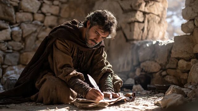 Man writing in stone ruins, contemplative moment