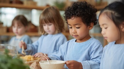 Three young children, two girls and a boy, sitting at a kitchen table and preparing food together. the boy is in the center of the image, with curly hair and is holding a bowl of flour in his hands.
