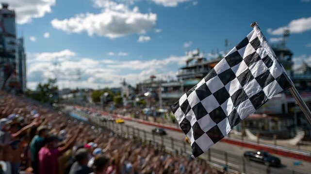 Race finish checkered flag waving at speedway