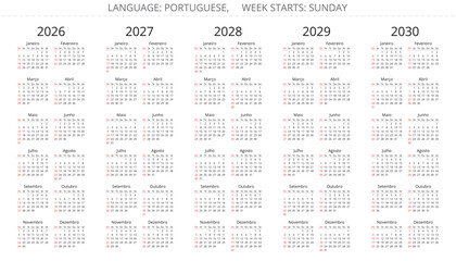 Portuguese calendar 2026, 2027, 2028, 2029, 2030 years. Vector illustration Portugal. Week starts sunday