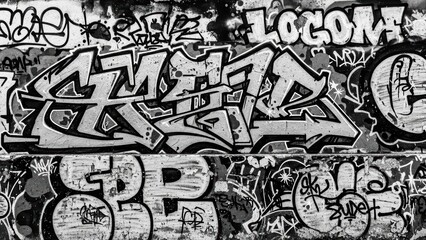 Obraz premium Black and white graffiti wall with bold typography and urban tags