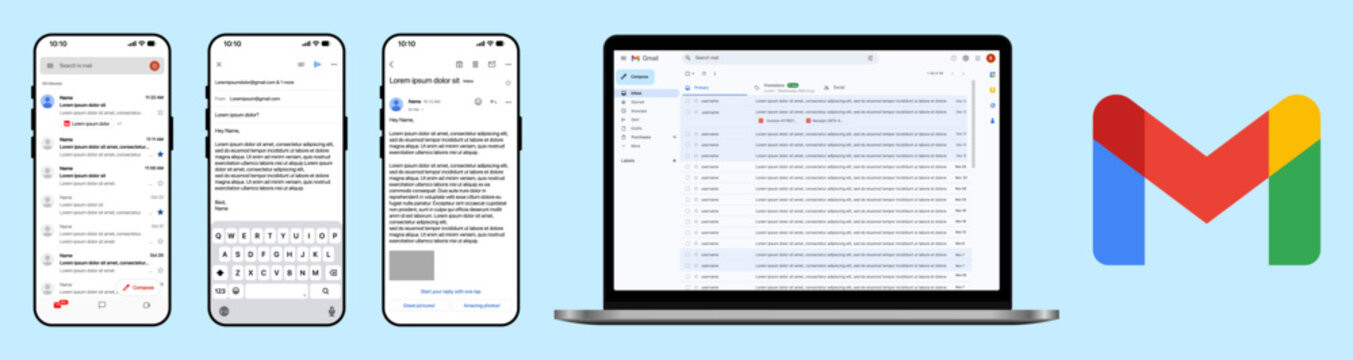 Modern Email Management Interface Design Showing Gmail Experience Across Mobile, Tablet, and Desktop Platforms with Clean Inbox Layout and Responsive UI System