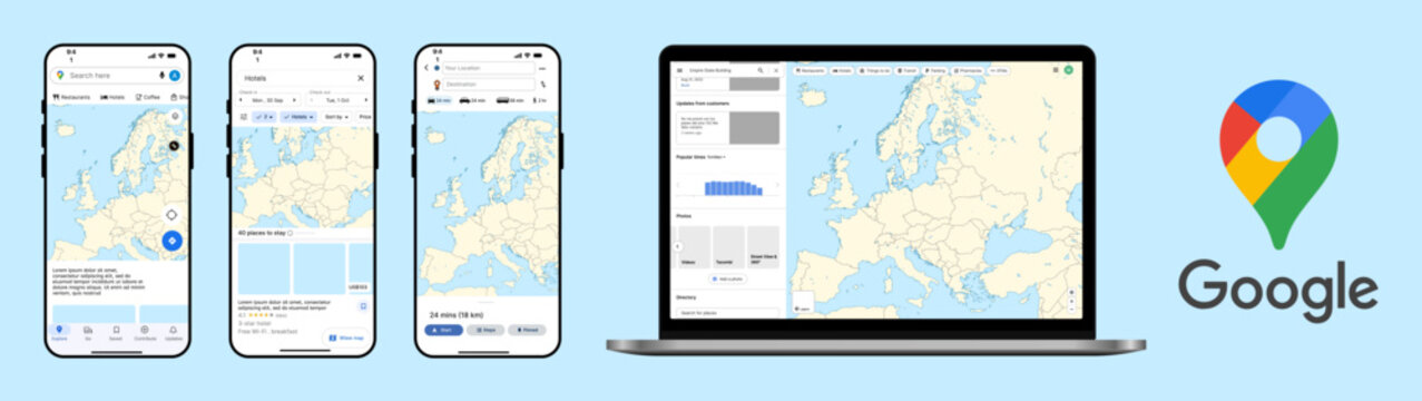Google Maps User Interface Across Mobile and Desktop Devices Showing Navigation, Location Search, Route Planning, and Map Exploration Experience