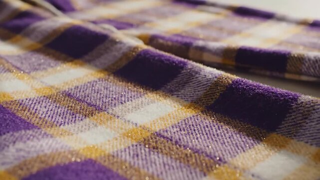 Close-up view of cozy plaid fabric in purple and yellow hues, showcasing the texture and pattern of the textile. Ideal for fashion and textile design projects, or winter clothing themes.