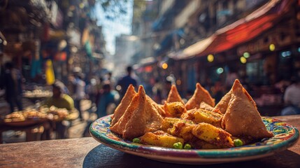 Fresh samosas and pakoras served on a vibrant plate in an Indian street market