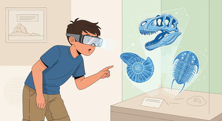 Boy immerses himself in a virtual reality museum exhibit featuring prehistoric creatures and