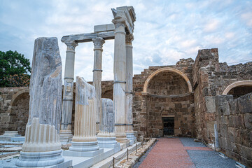 The scenic views of the  exquisite Temple of Apollo stands proudly in Side Old Town on the tip of the peninsula near the beach, Antalya, Turkey