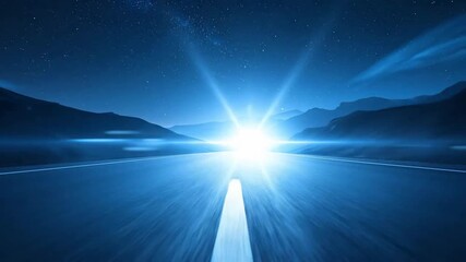 Road Leading Towards Bright Light Under Starry Night Sky with Mountainous Terrain Abstract Digital Art - Powered by Adobe