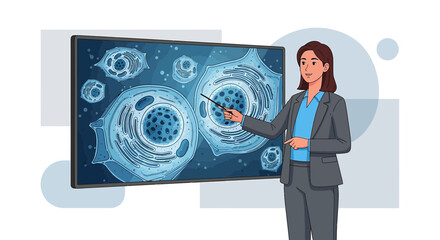 Businesswoman presenting cellular biology anatomy on screen highlighting cell structures