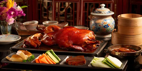 Fototapete Peking Whole roasted Peking duck served on black platter with sliced vegetables and sauces in traditional setting. Chinese food concept  © alfi