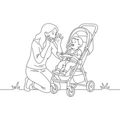 Mother playing with her baby in a stroller, loving parenting moment in clean line art illustration