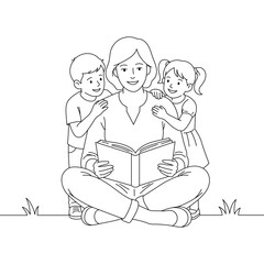 Mother reading a book to his child at home, warm family moment in simple line art illustration style