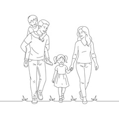Happy Family Walking Together with Parents and Children &ndash; Line Art Illustration of Family Bond